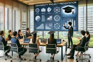 DALL·E 2025-02-26 17.34.28 – A professional and academic scene of a university graduation project presentation. A group of students is presenting their project in front of faculty